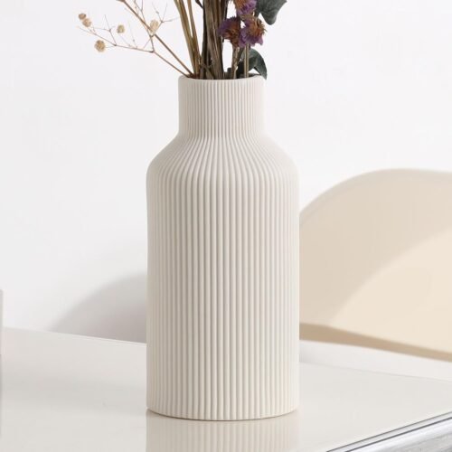 Ribbed Glazed Ceramic Flower Vase