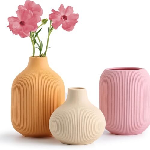 Multicolor Ribbed Glazed Ceramic Vase Set