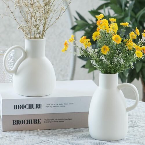 White Glazed Ceramic Vase Set with Handles