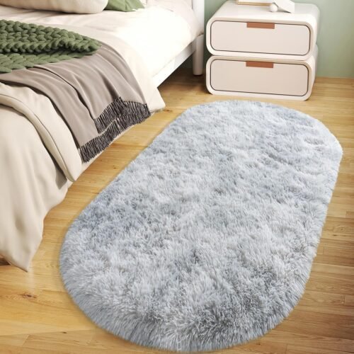 Tie Dye Fluffy Bedside Rug Oval Non Slip Carpet