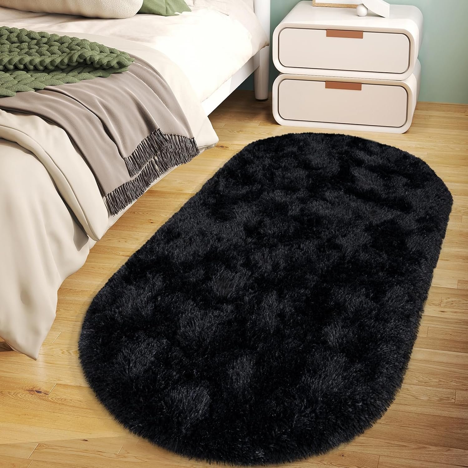 Oval Fluffy Bedside Rug with Non Slip Backing